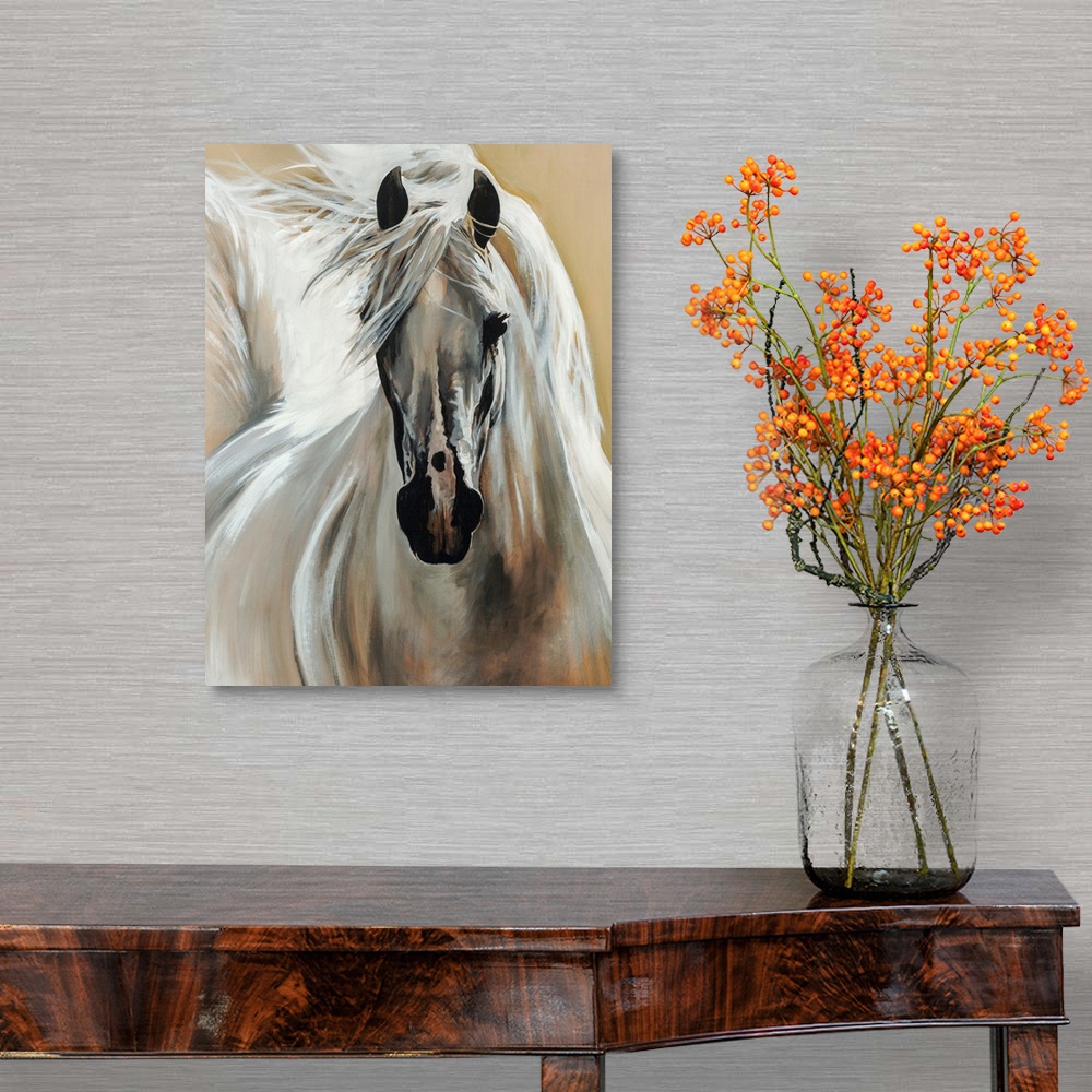 A traditional room featuring Contemporary painting of a horse galloping with its bright mane and tail flowing behind it.