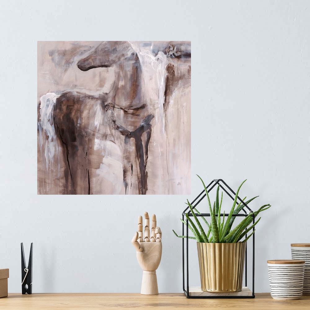 A bohemian room featuring Abstract painting of a figure of a horse fading into the background of earthy tones.
