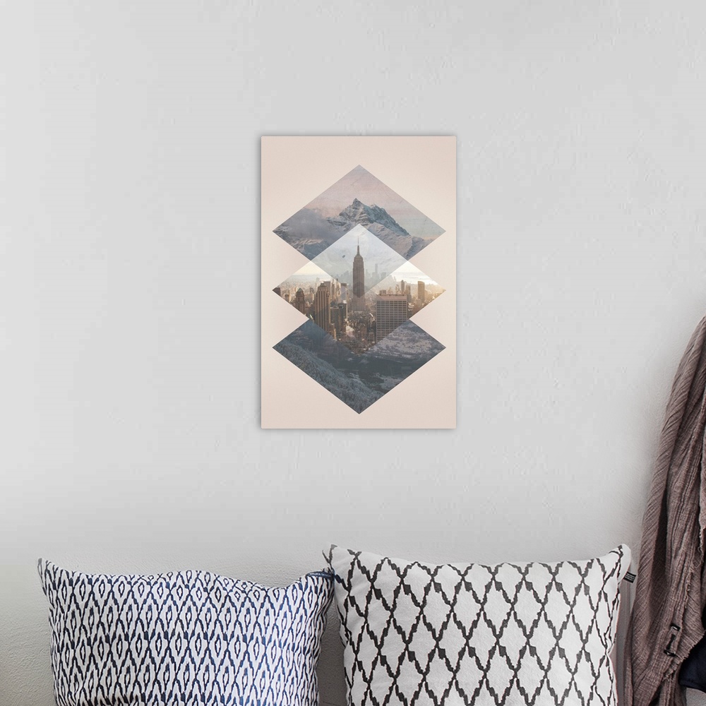 A bohemian room featuring Contemporary collage style artwork of stitched images of New York city and mountain ranges.