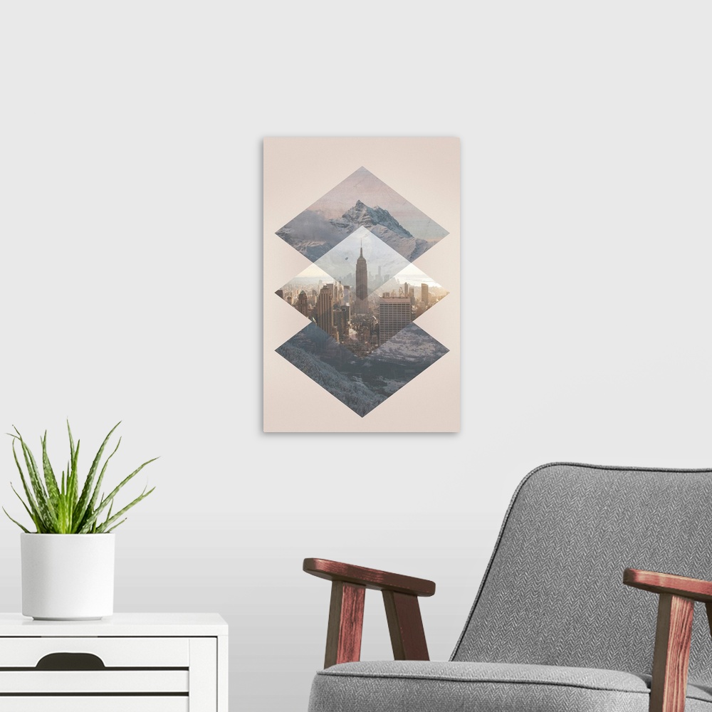 A modern room featuring Contemporary collage style artwork of stitched images of New York city and mountain ranges.