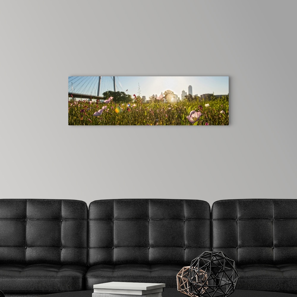 A modern room featuring Wildflowers fill the foreground with Margaret Hunt Hill bridge and Dallas city in the background.
