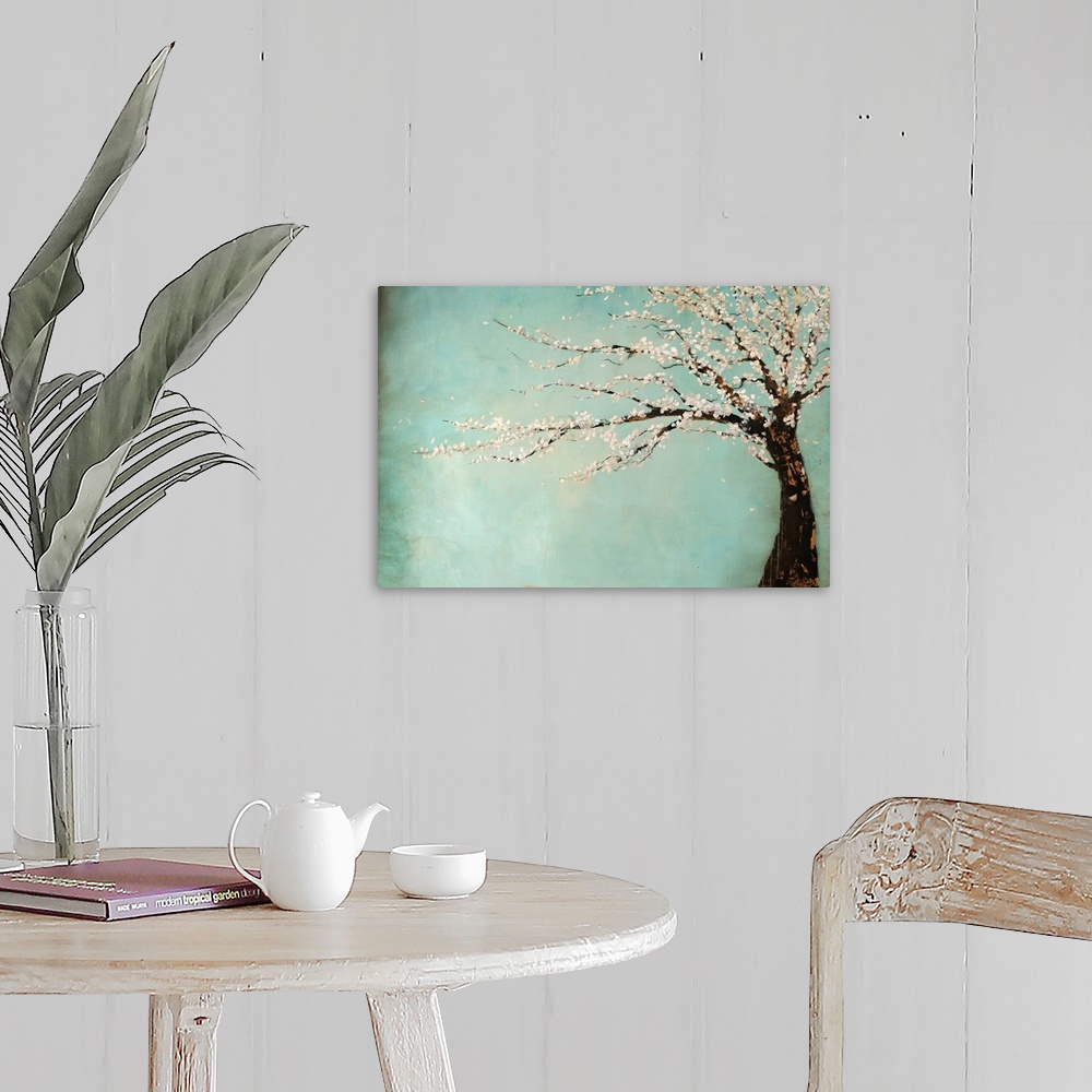 A farmhouse room featuring Painting of a tree full of blooming flowers swaying in the wind against a cool background.