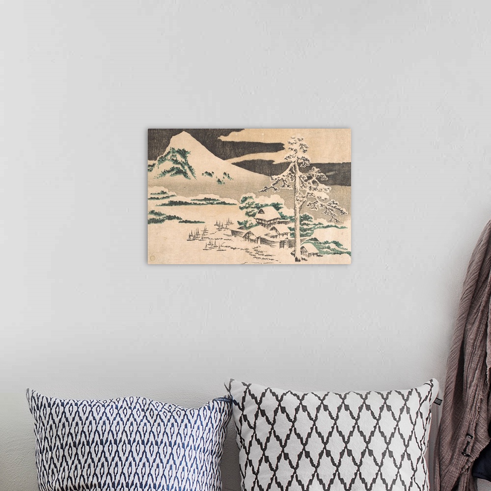 A bohemian room featuring Woodblock print of a snow-covered tree and house under a mountain in the winter.