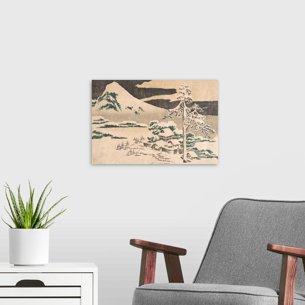 A modern room featuring Woodblock print of a snow-covered tree and house under a mountain in the winter.