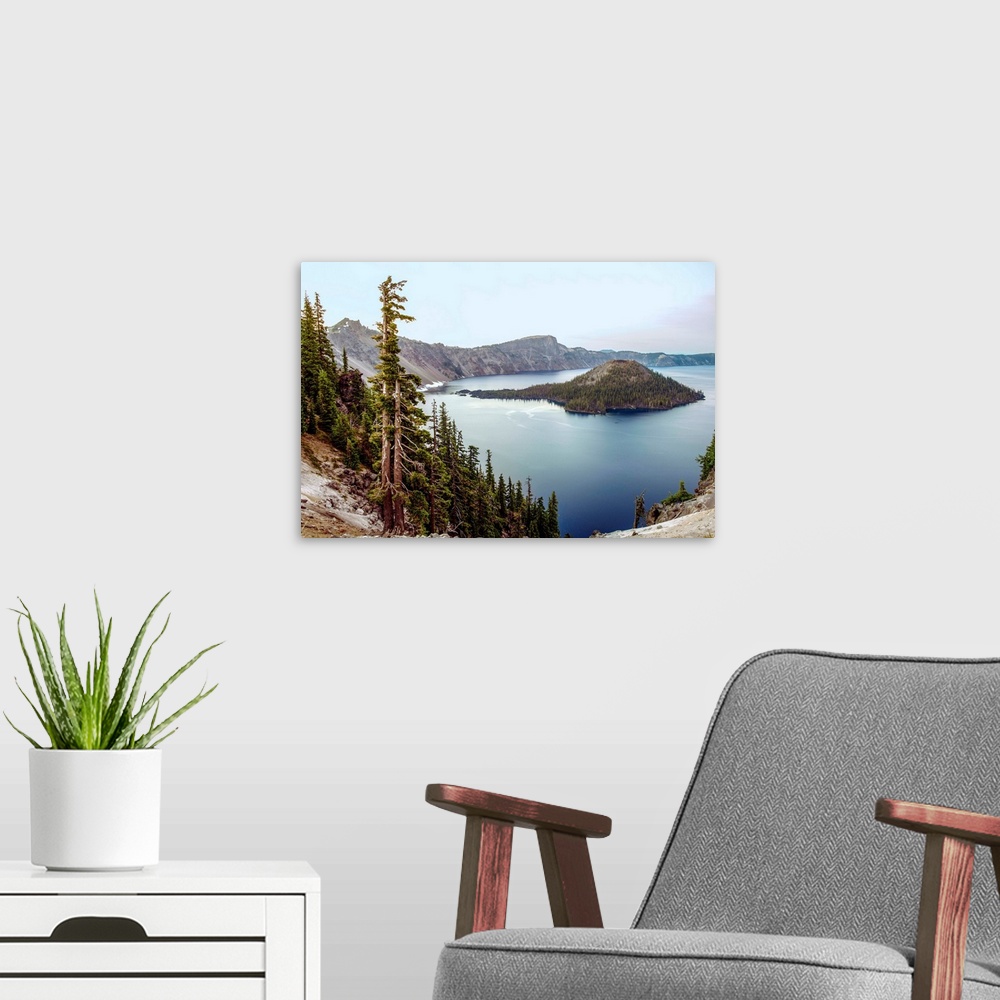 A modern room featuring View of Wizard Island in Crater Lake, Oregon.