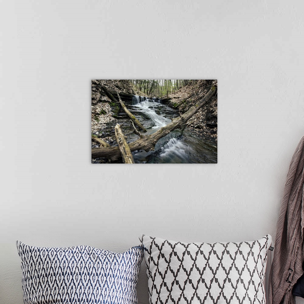 A bohemian room featuring Landscape photograph of Wolf Creek rushing down rocks in Letchworth State Park, NY.
