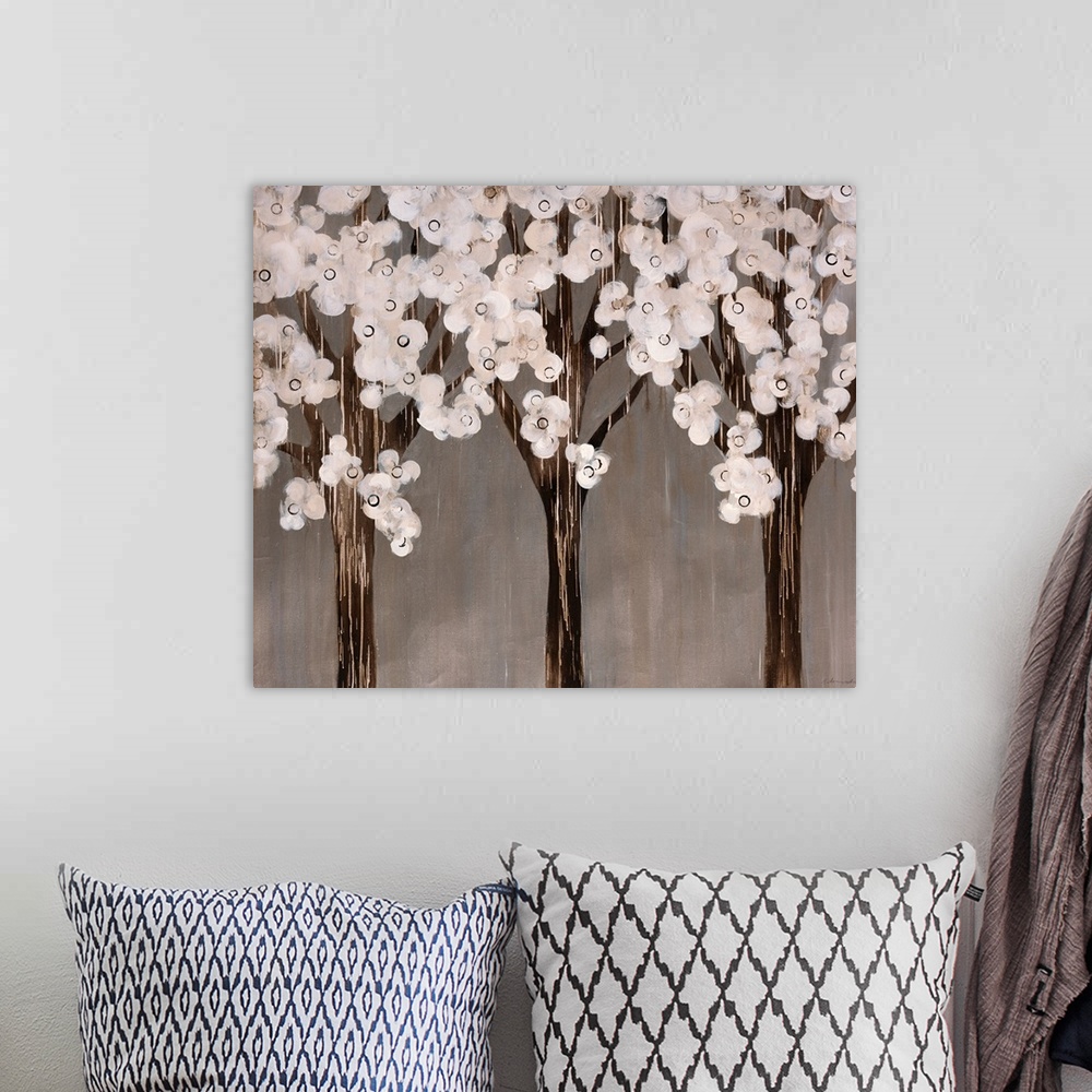 A bohemian room featuring Contemporary abstract painting of trees with white circular flowers.