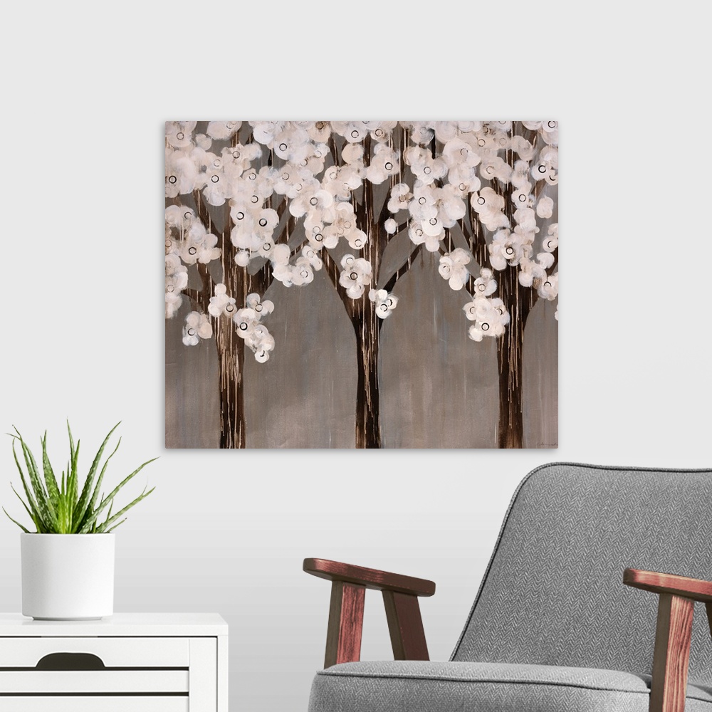 A modern room featuring Contemporary abstract painting of trees with white circular flowers.