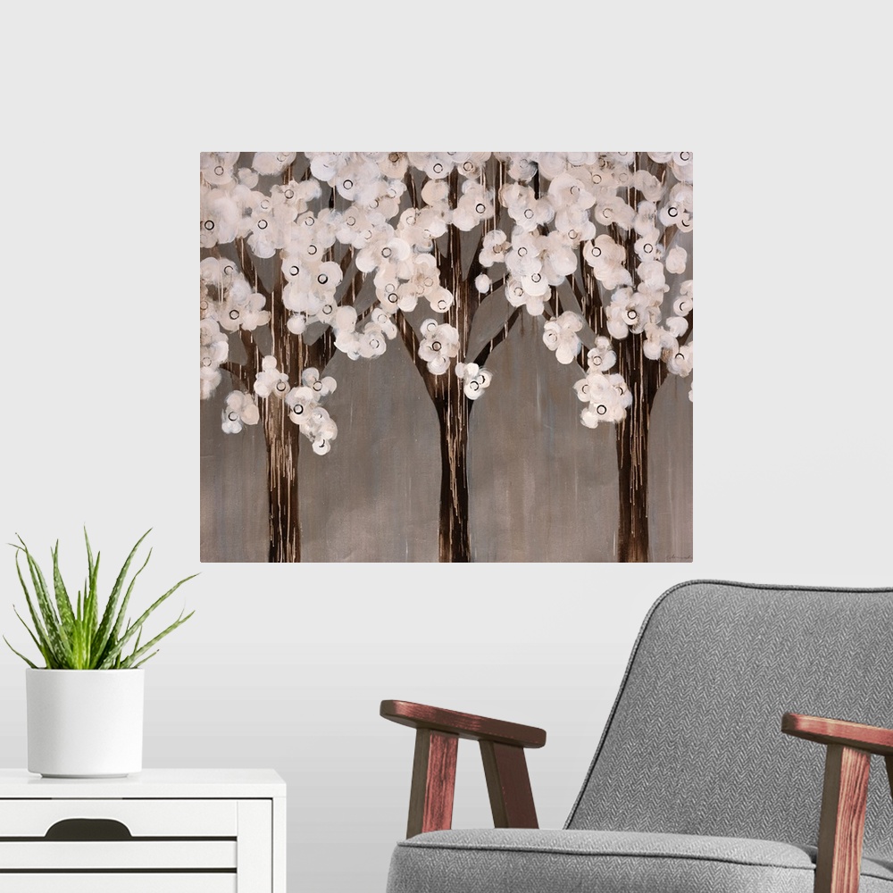 A modern room featuring Contemporary abstract painting of trees with white circular flowers.