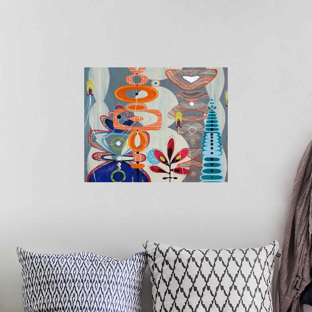 A bohemian room featuring Fun, contemporary painting of eclectic shapes and patterns, reminiscent of the iconic candy facto...