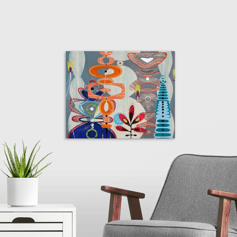 A modern room featuring Fun, contemporary painting of eclectic shapes and patterns, reminiscent of the iconic candy facto...