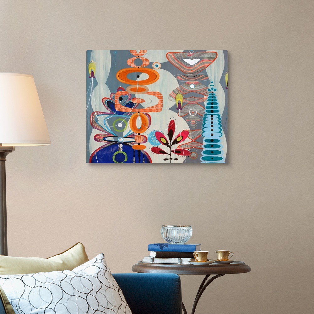 A traditional room featuring Fun, contemporary painting of eclectic shapes and patterns, reminiscent of the iconic candy facto...