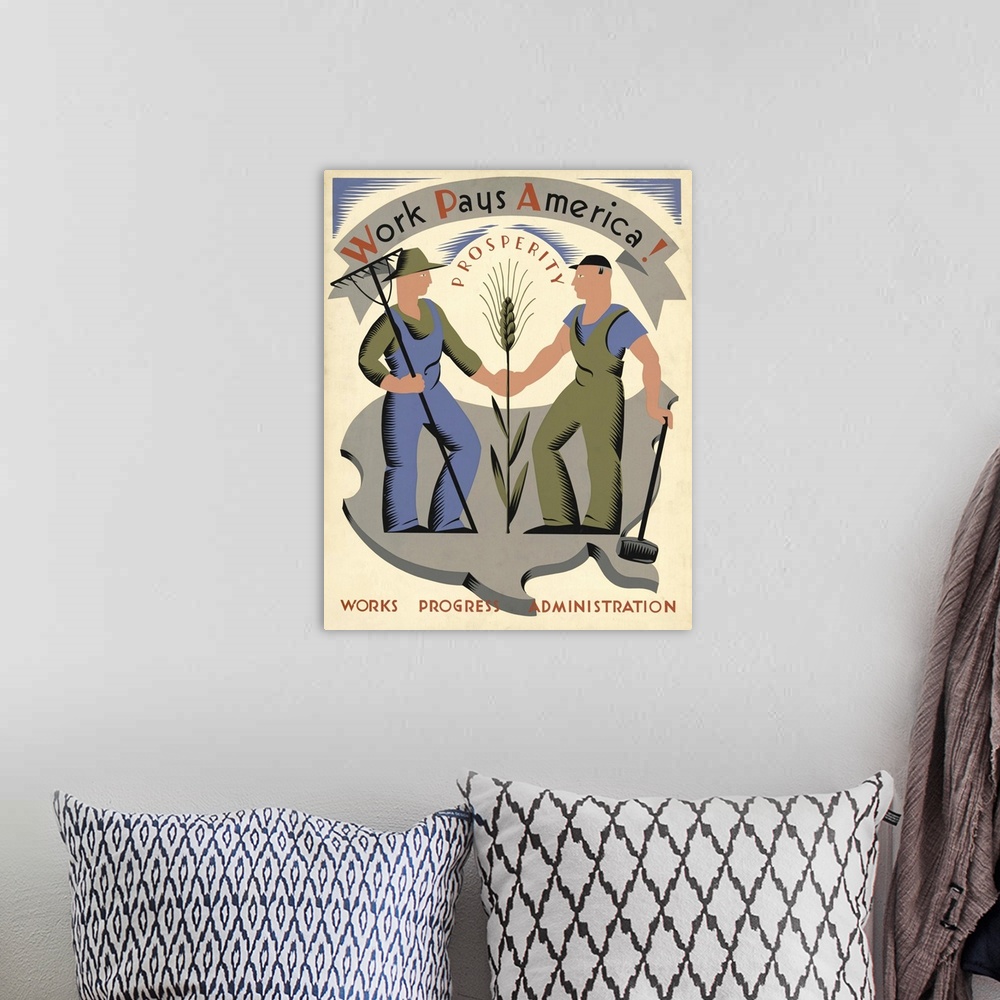 A bohemian room featuring Work pays America! Prosperity. Poster for Works Progress Administration encouraging laborers to w...