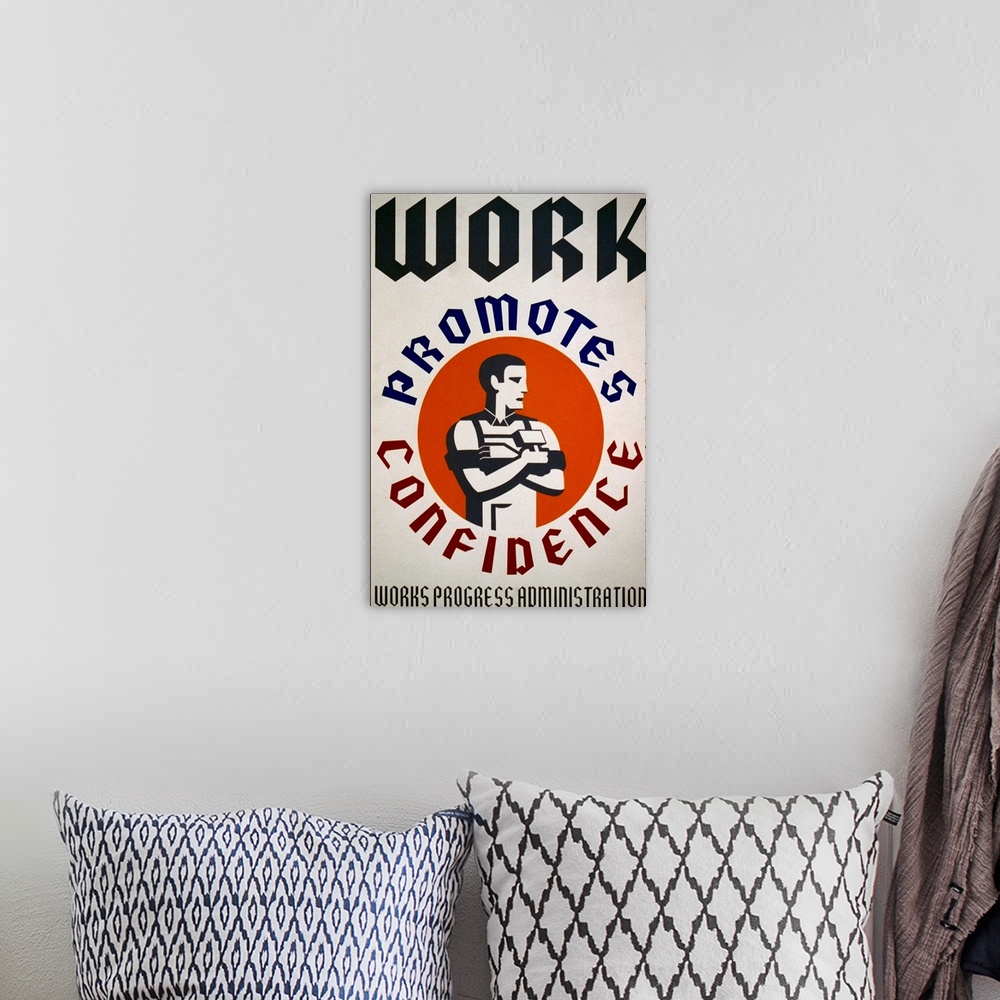 A bohemian room featuring Artwork for Works Progress Administration encouraging laborers to gain confidence from their work...