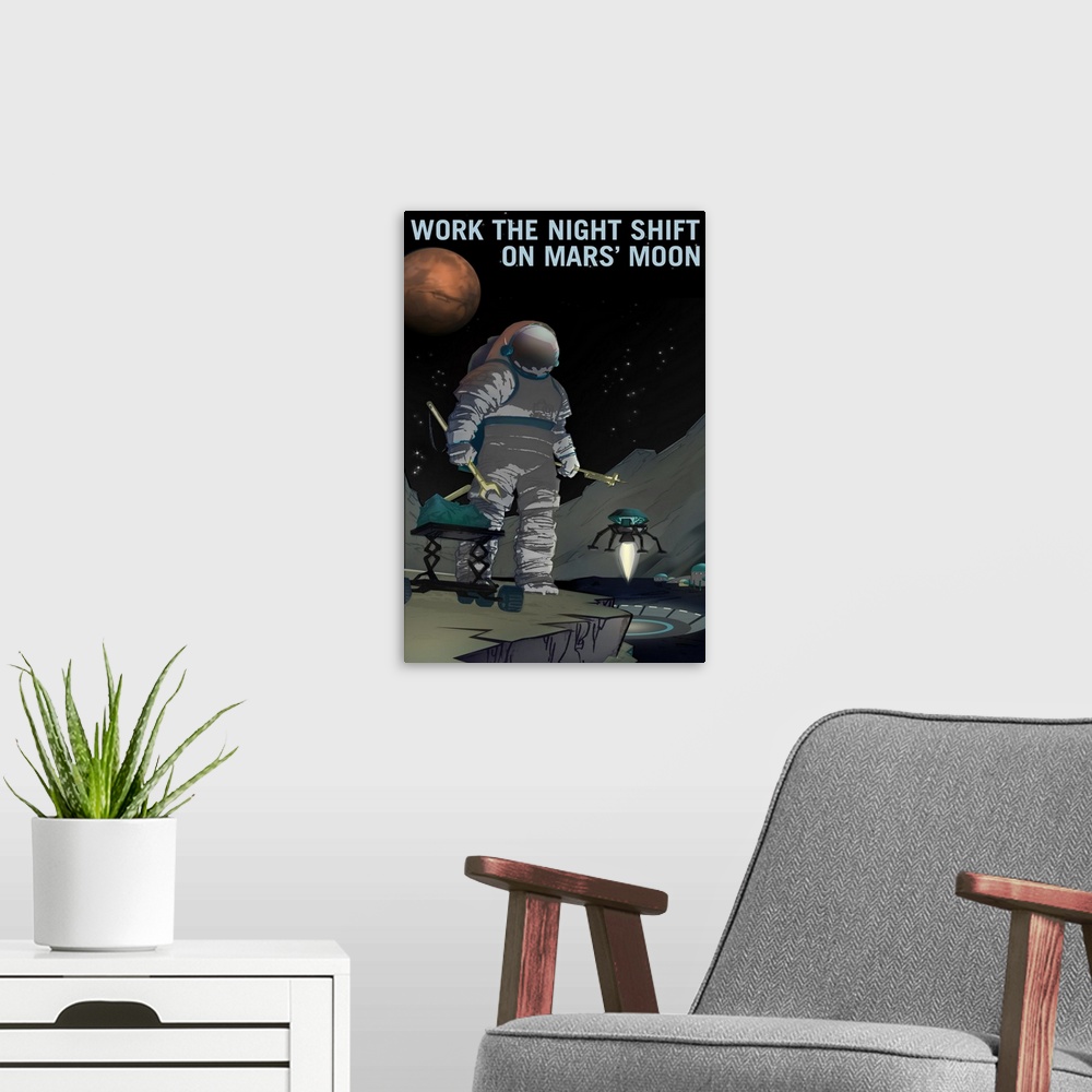 A modern room featuring Night owls welcome! If you lived on Mars' moon Phobos, you'd have an office with a view, mining f...