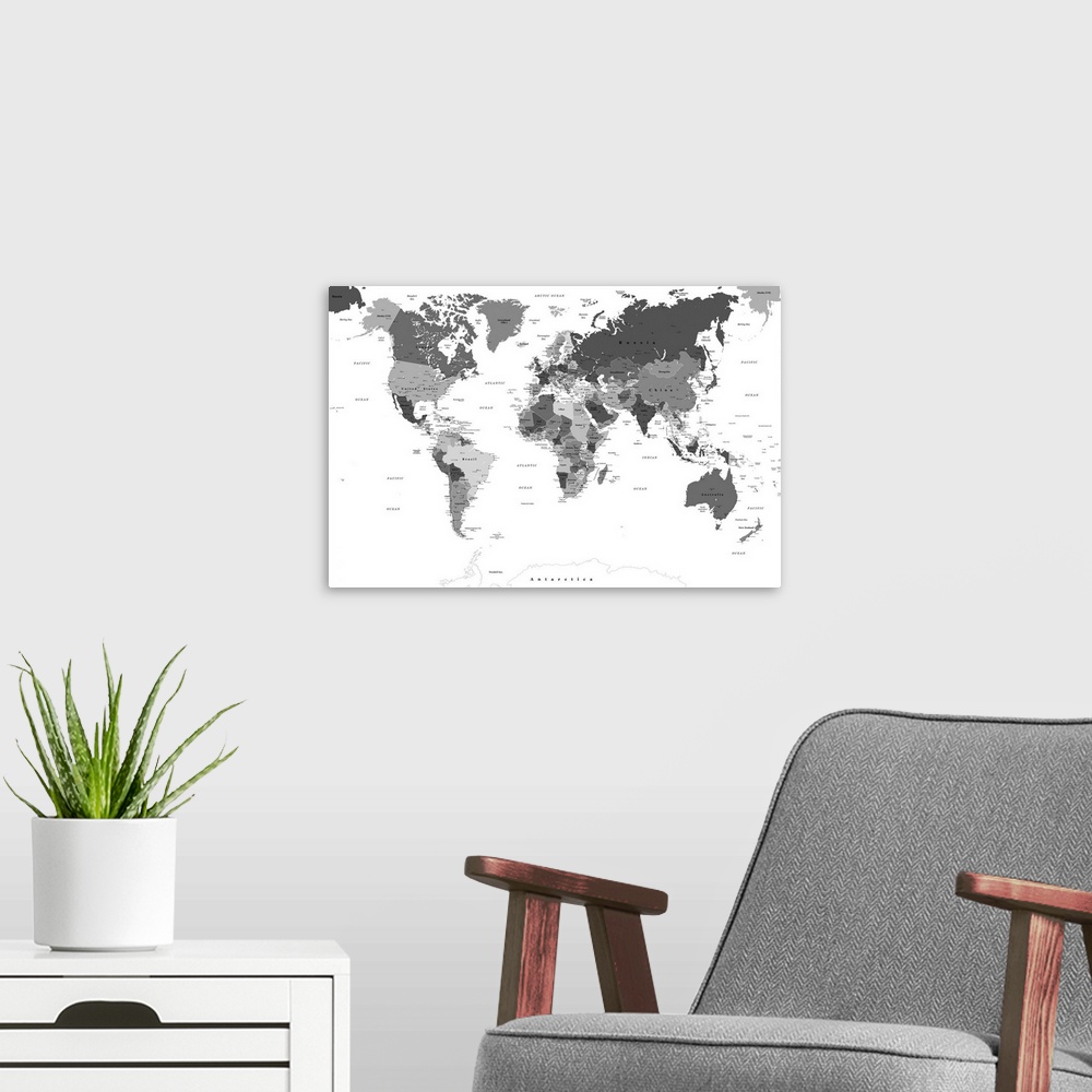 A modern room featuring Large black and white map of the World with a classic font.