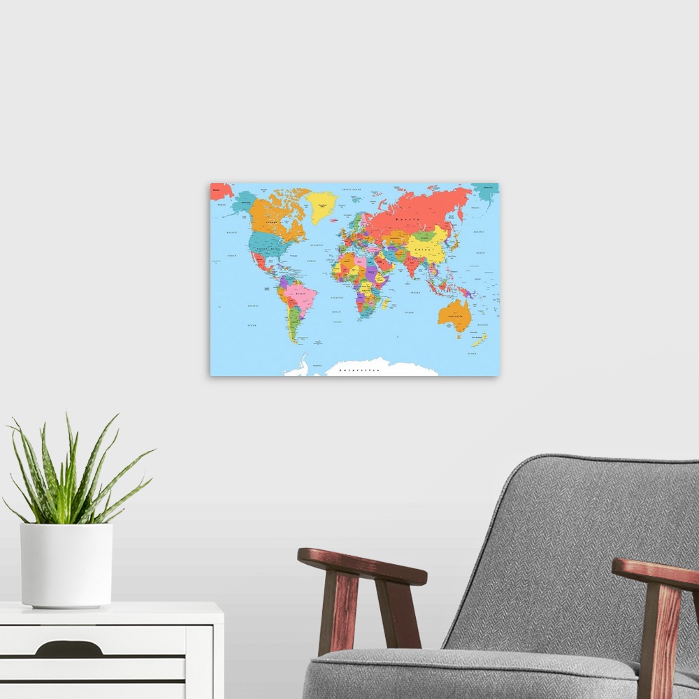 A modern room featuring Large color map of the World with a classic font.
