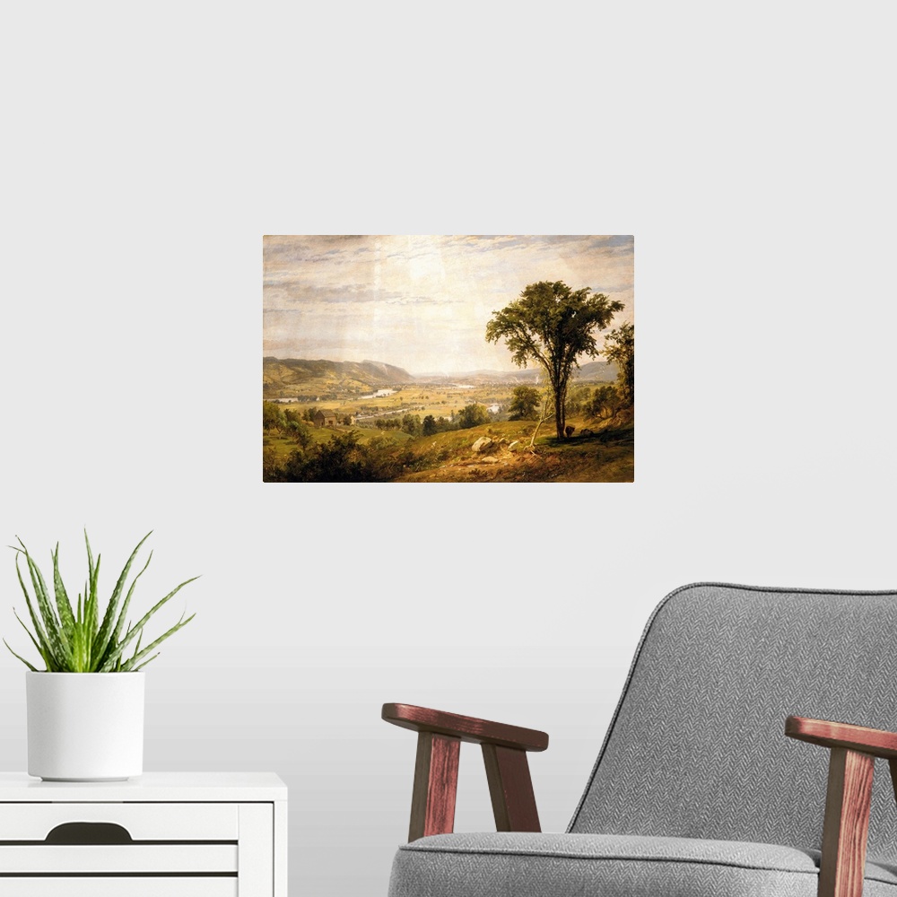 A modern room featuring This is an oil study for Cropsey's monumental Valley of Wyoming. The view is from a promontory ca...