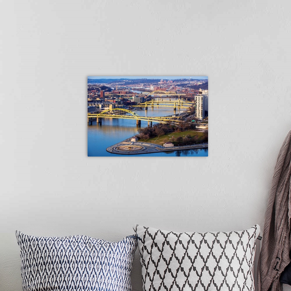 A bohemian room featuring Photo of Fort Duquesne Bridge, Three Sisters Bridges, and David Mccullough Bridge with Point Stat...