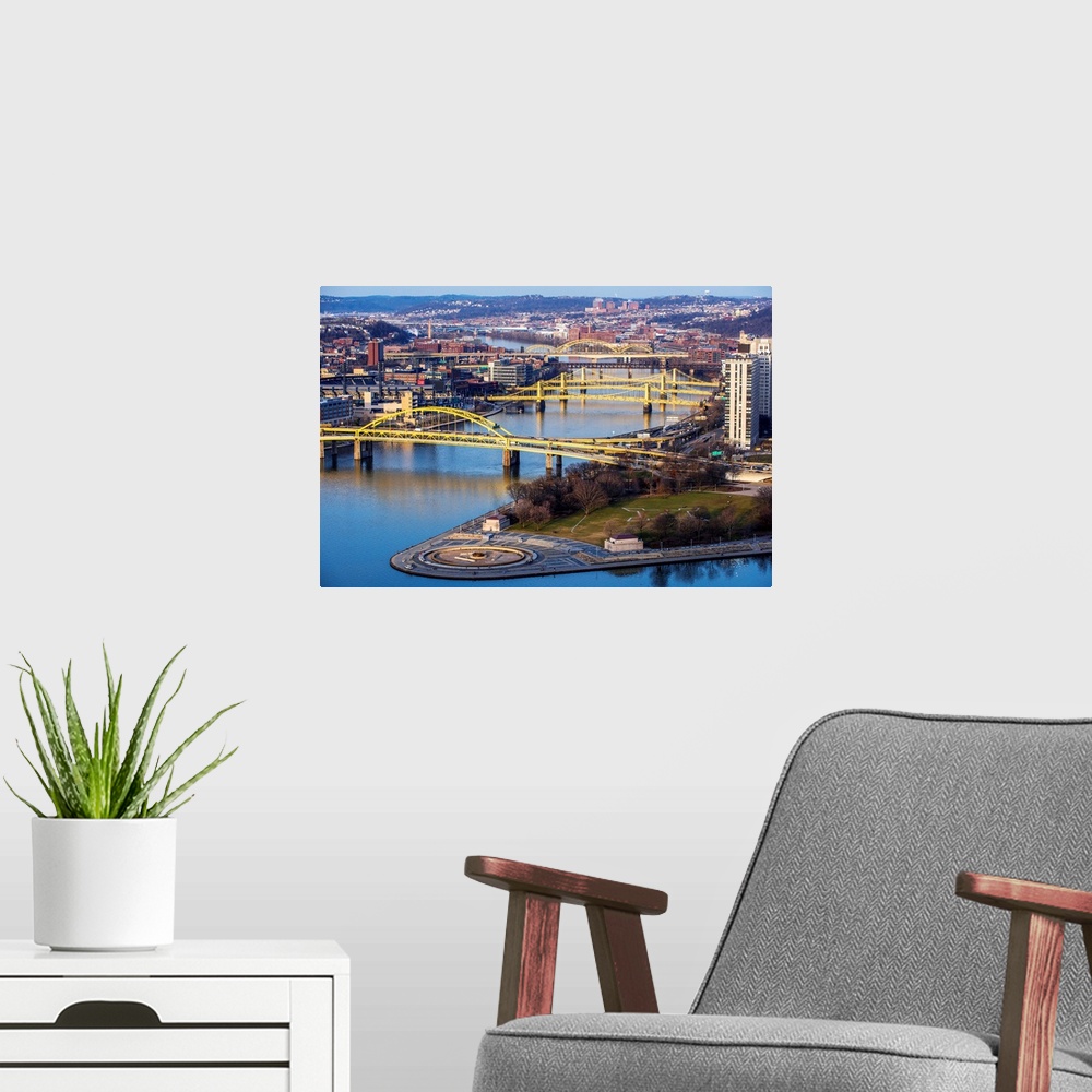 A modern room featuring Photo of Fort Duquesne Bridge, Three Sisters Bridges, and David Mccullough Bridge with Point Stat...