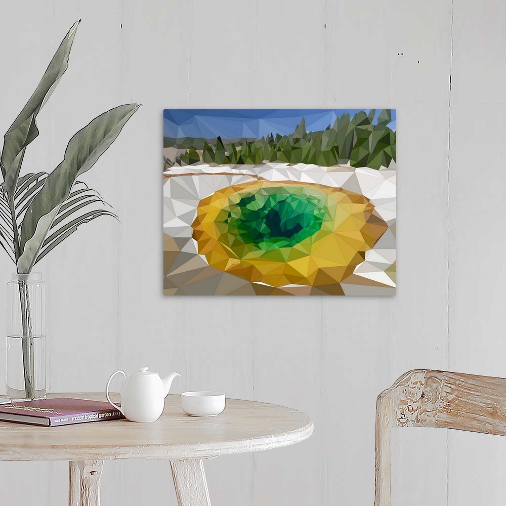 A farmhouse room featuring A prismatic volcanic spring in Yellowstone National Park, Wyoming, rendered in a low-polygon style.