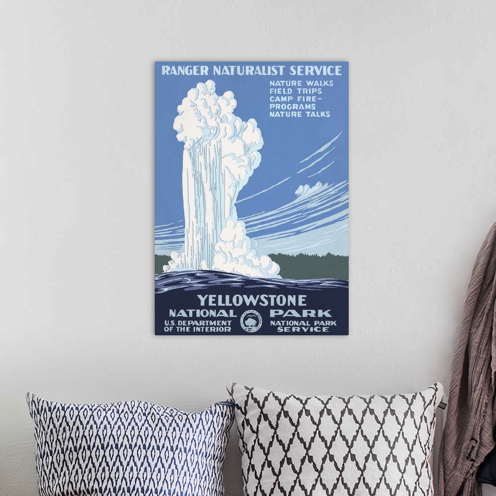 A bohemian room featuring Yellowstone National Park, Ranger Naturalist Service. Poster shows Old Faithful erupting at Yello...