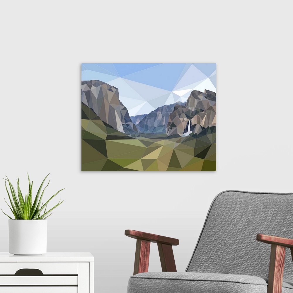 A modern room featuring Half Dome and Yosemite Falls in Yosemite National Park, California, rendered in a low-polygon style.