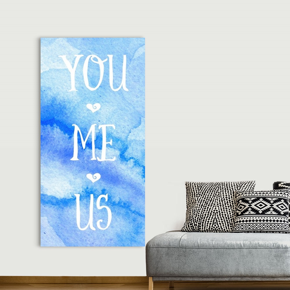 A bohemian room featuring Romantic sentiment over a blue watercolor background.