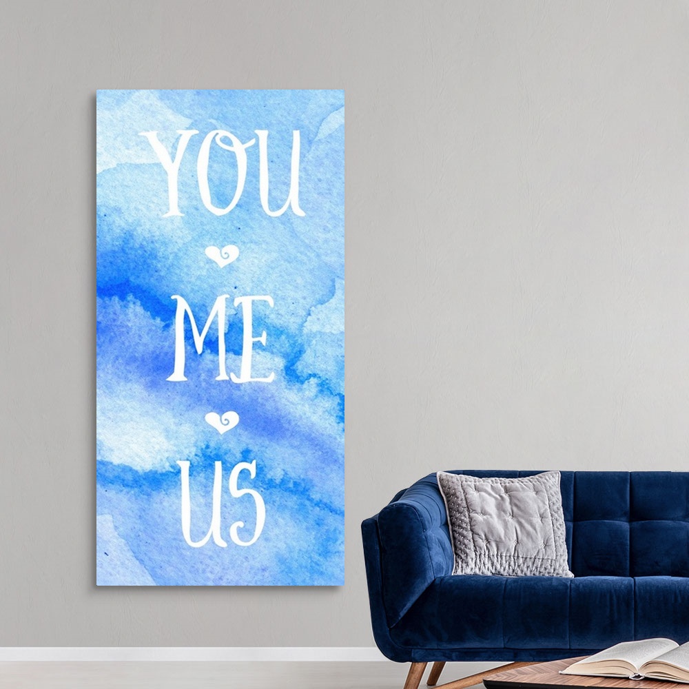 A modern room featuring Romantic sentiment over a blue watercolor background.