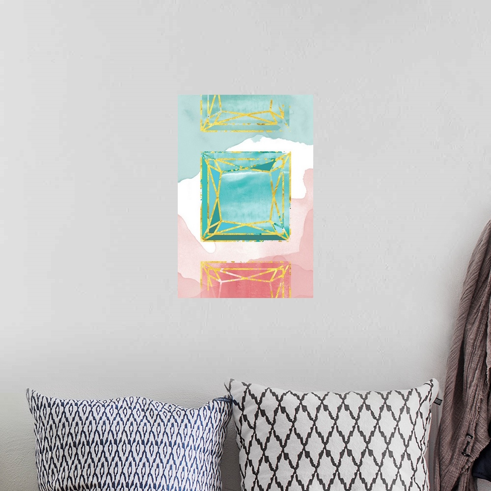 A bohemian room featuring Watercolor image of green and pink gemstones with golden edges.