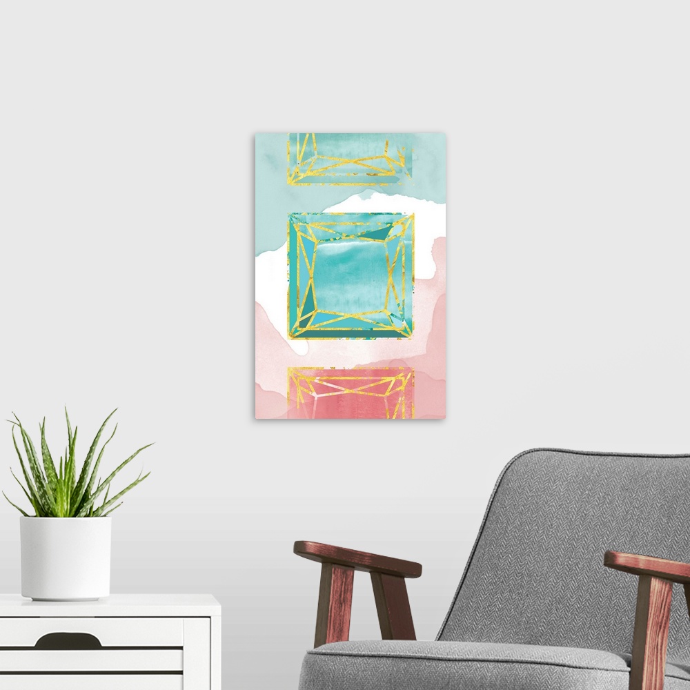A modern room featuring Watercolor image of green and pink gemstones with golden edges.