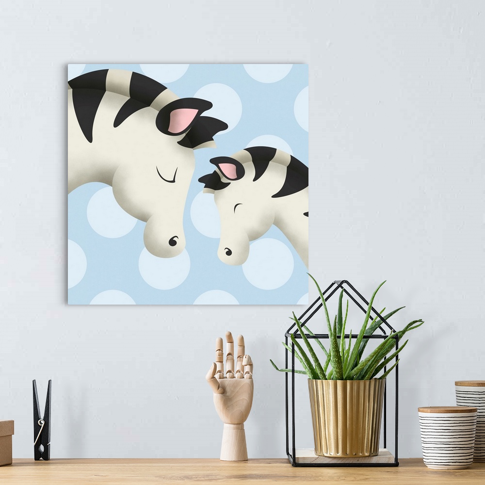 A bohemian room featuring Nursery art of a mother zebra and her baby on a blue polka-dot background.