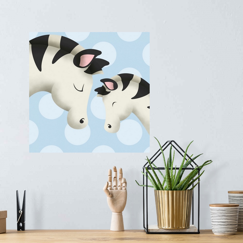 A bohemian room featuring Nursery art of a mother zebra and her baby on a blue polka-dot background.
