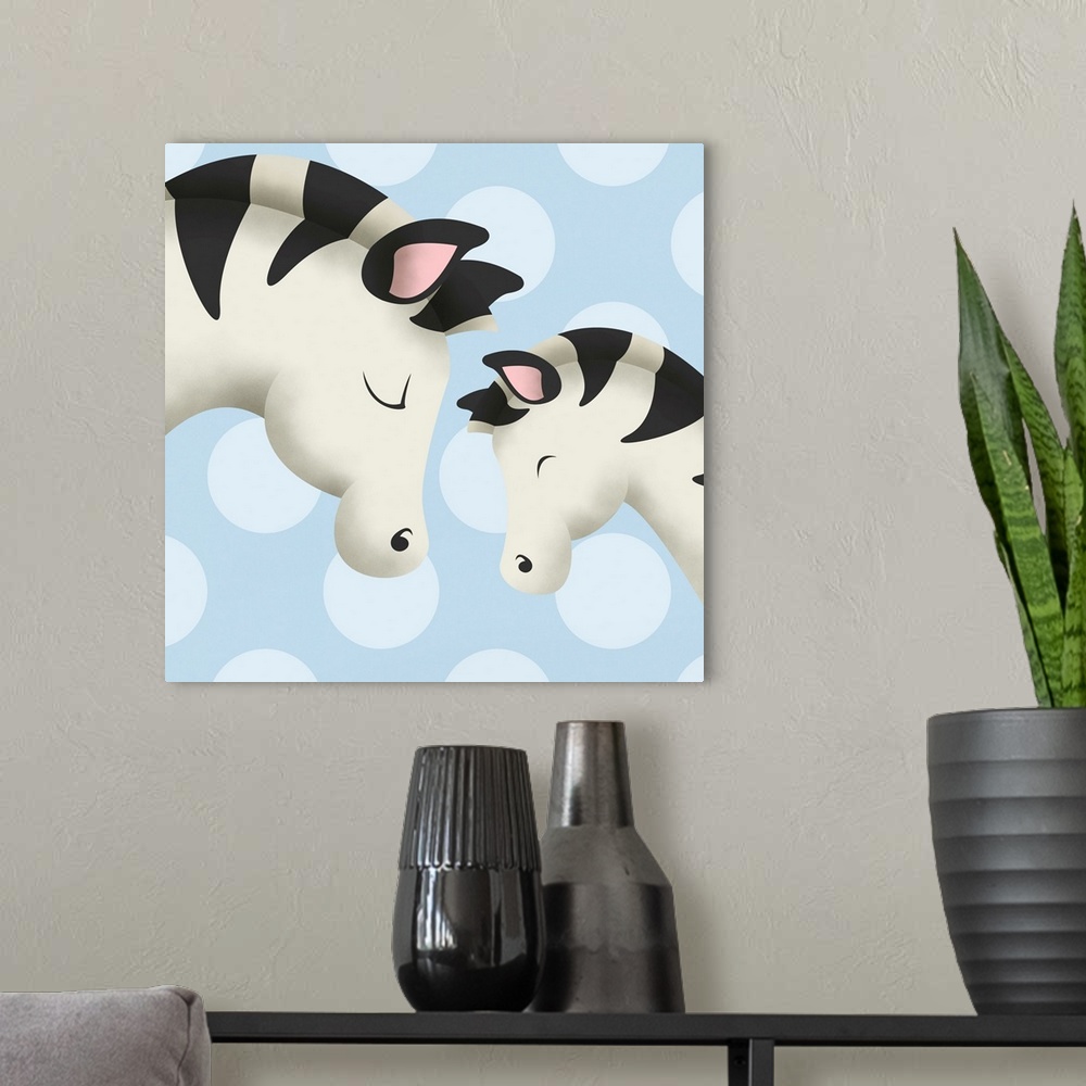 A modern room featuring Nursery art of a mother zebra and her baby on a blue polka-dot background.