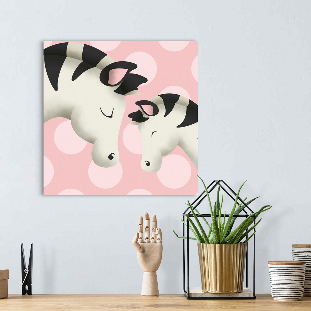 A bohemian room featuring Nursery art of a mother zebra and her baby on a pink polka-dot background.