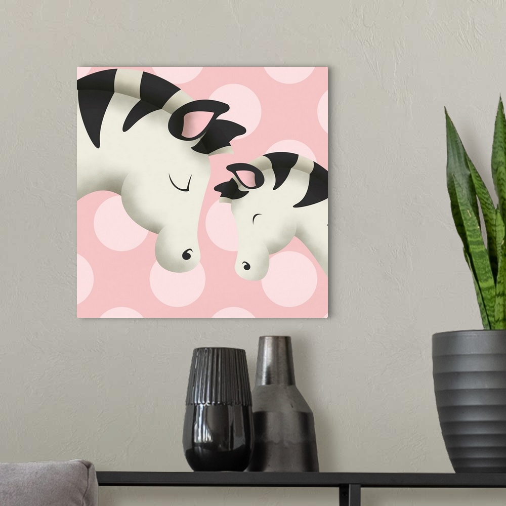 A modern room featuring Nursery art of a mother zebra and her baby on a pink polka-dot background.