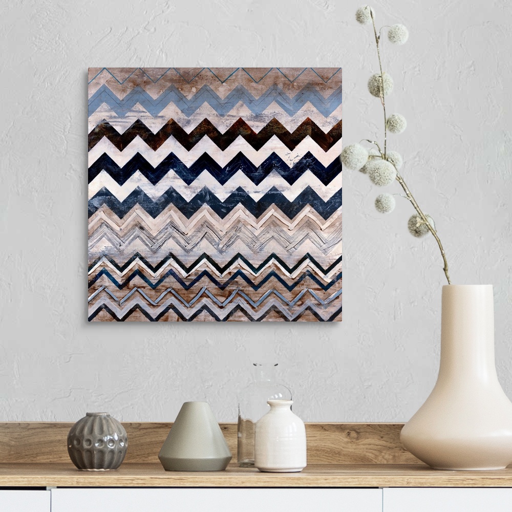 A farmhouse room featuring Abstract contemporary painting of a triangular pattern done in neutral earth tones on a square ca...