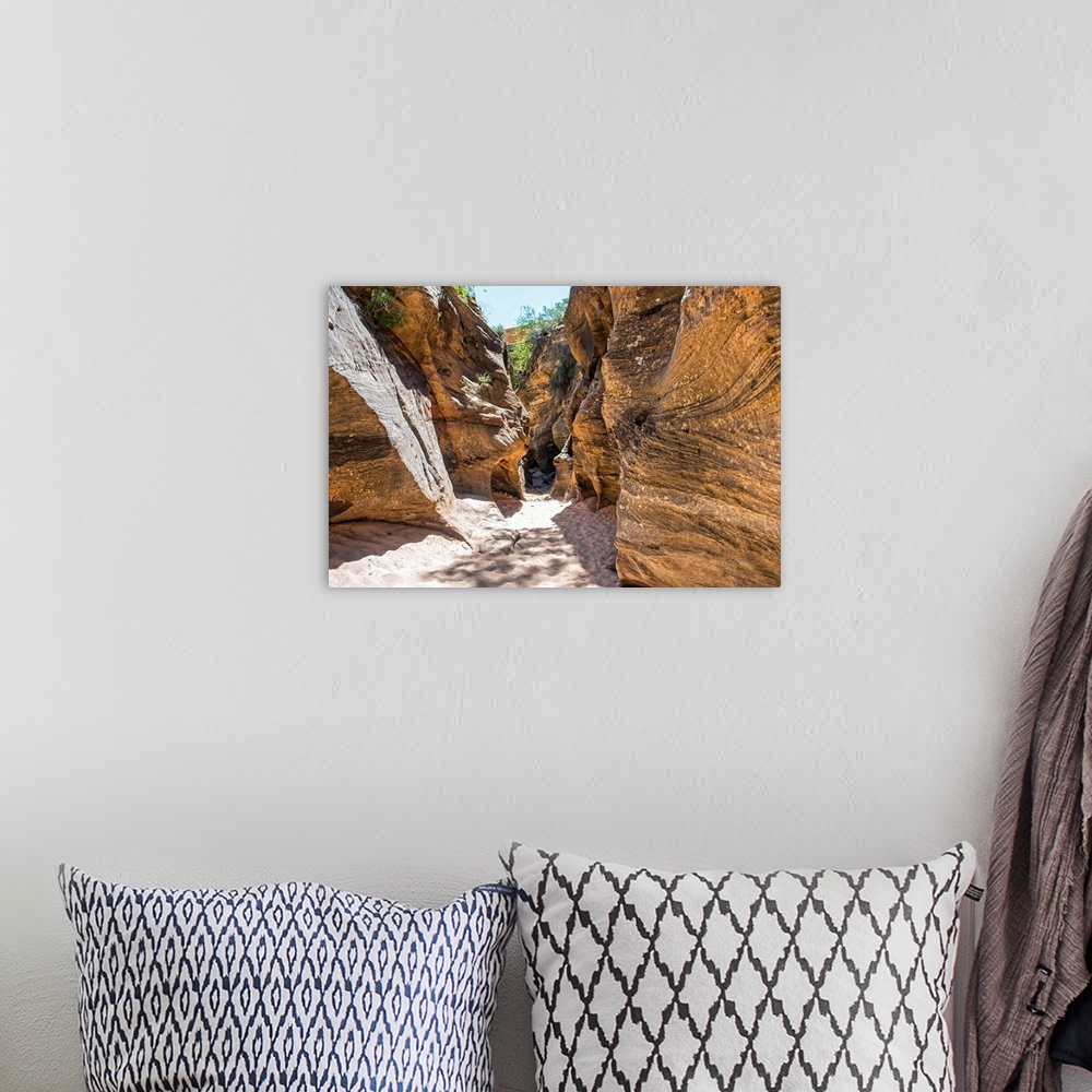 A bohemian room featuring Landscape photograph of red canyon walls at Zion National Park, UT.