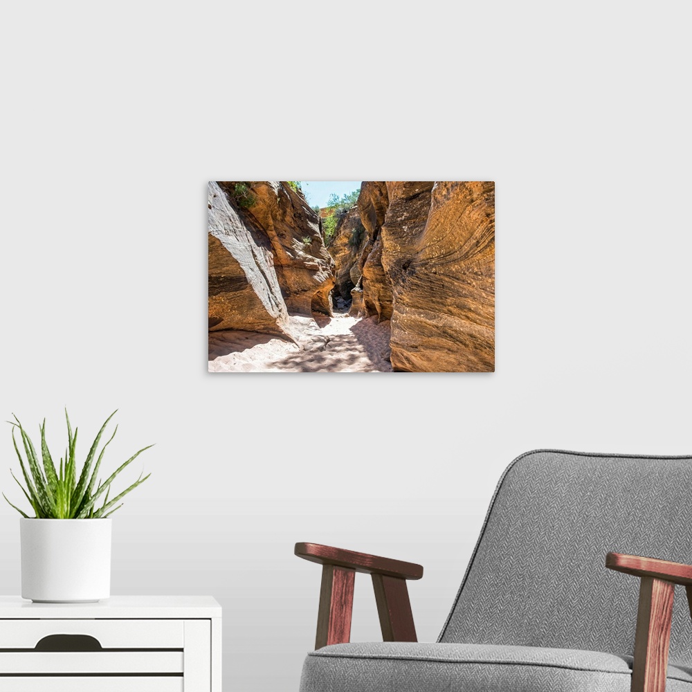 A modern room featuring Landscape photograph of red canyon walls at Zion National Park, UT.