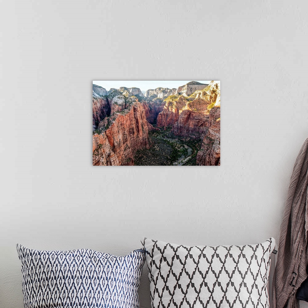 A bohemian room featuring View of canyon near Temple of Sinawava from Angels Landing Trail in Zion National Park, Utah.