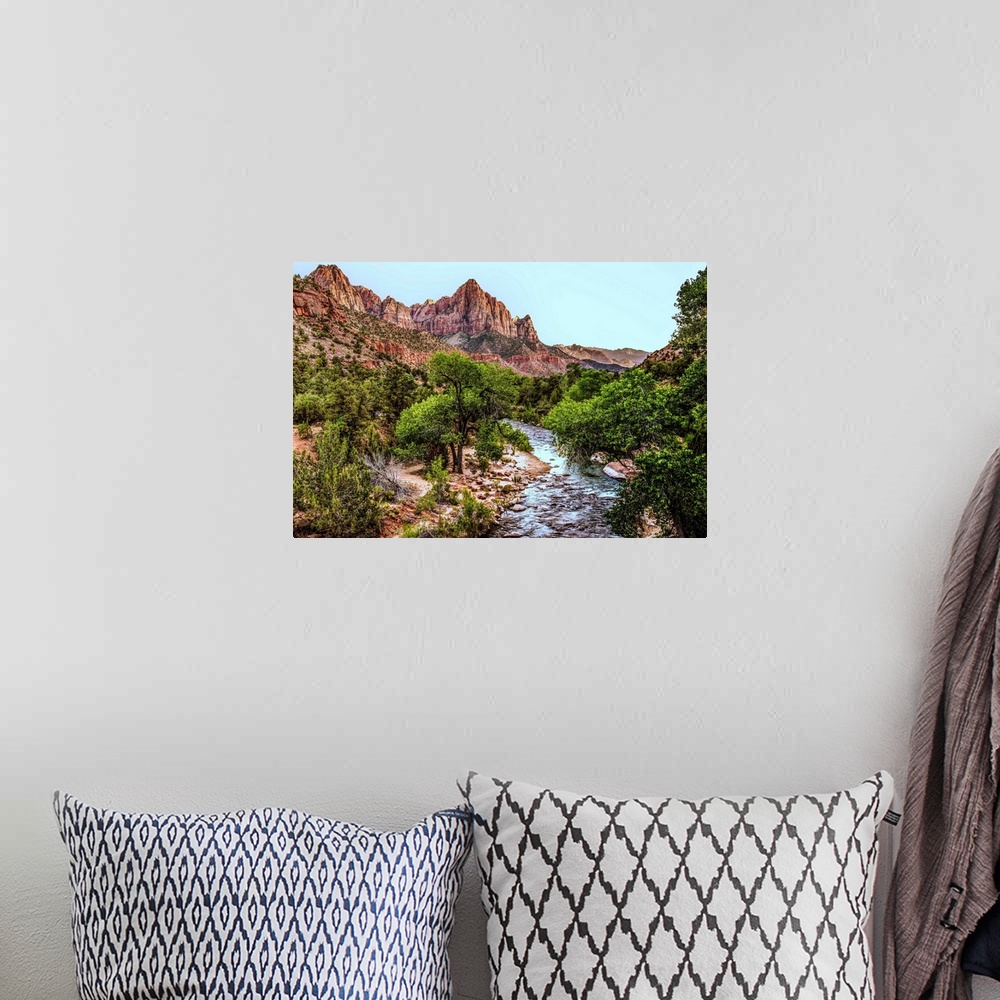 A bohemian room featuring Landscape photograph of Zion National Park with the Virgin River.