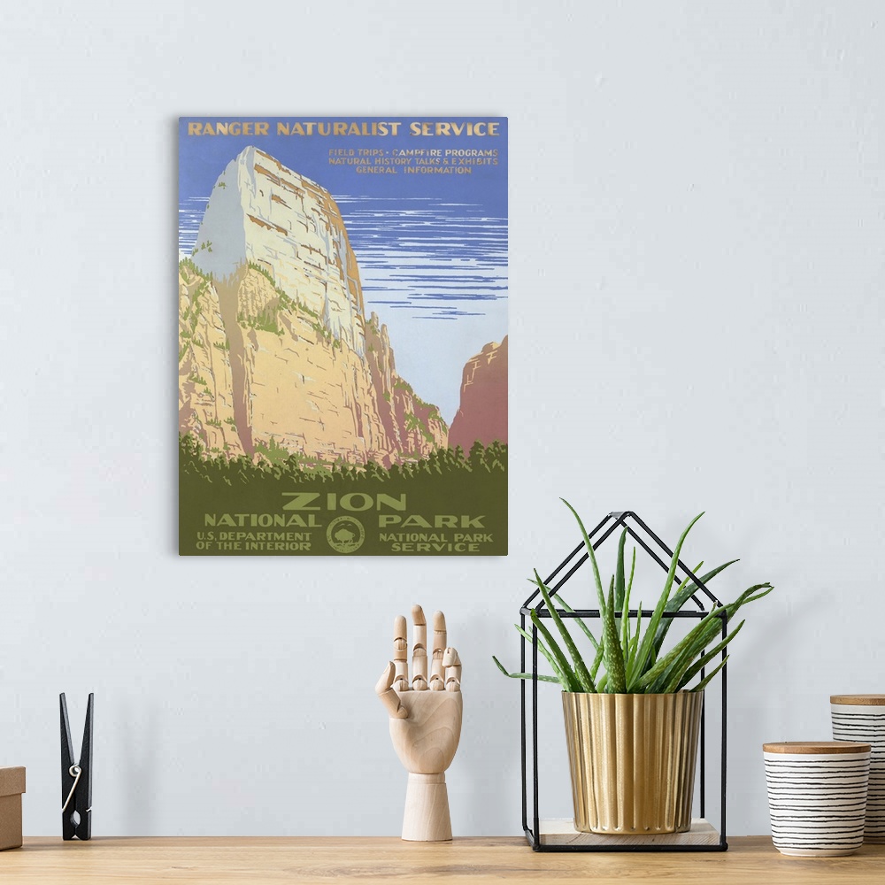 A bohemian room featuring Zion National Park, Ranger Naturalist Service. Poster shows view of a cliff at Zion National Park...