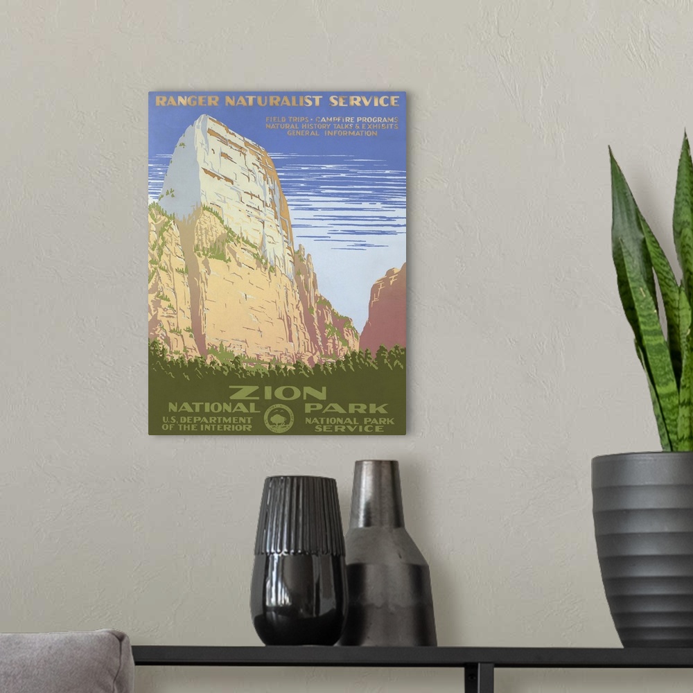 A modern room featuring Zion National Park, Ranger Naturalist Service. Poster shows view of a cliff at Zion National Park...