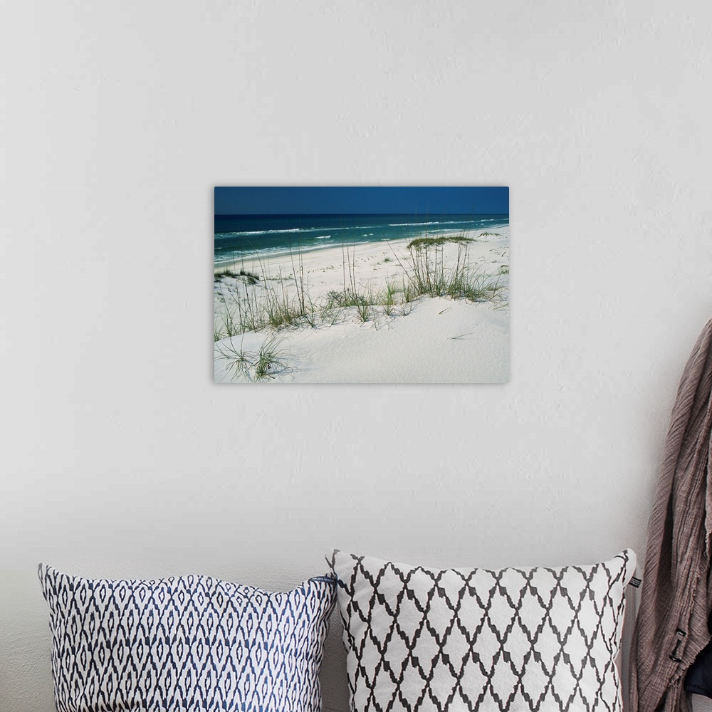 A bohemian room featuring Dune grasses hold white sand in place along a stretch of beach.