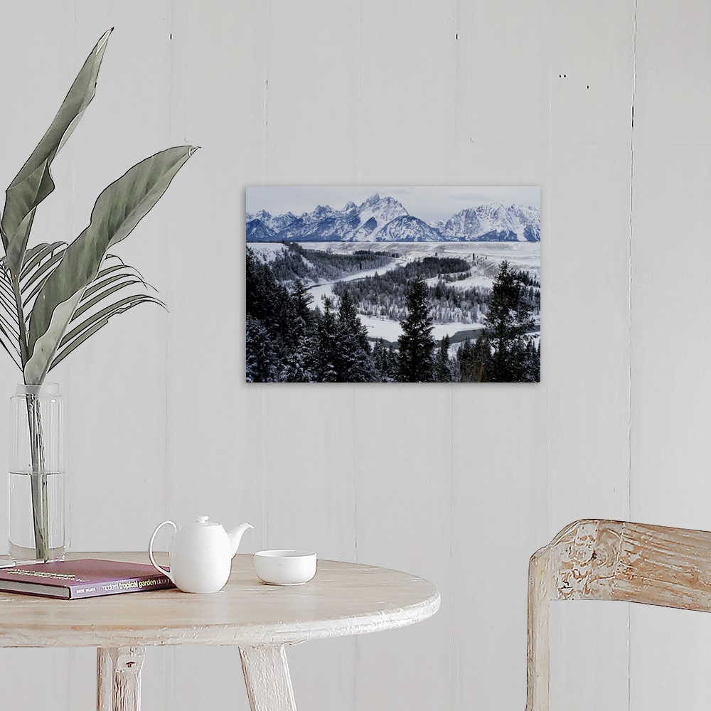 A farmhouse room featuring Winter view of the Snake River, Grand Teton National Park.