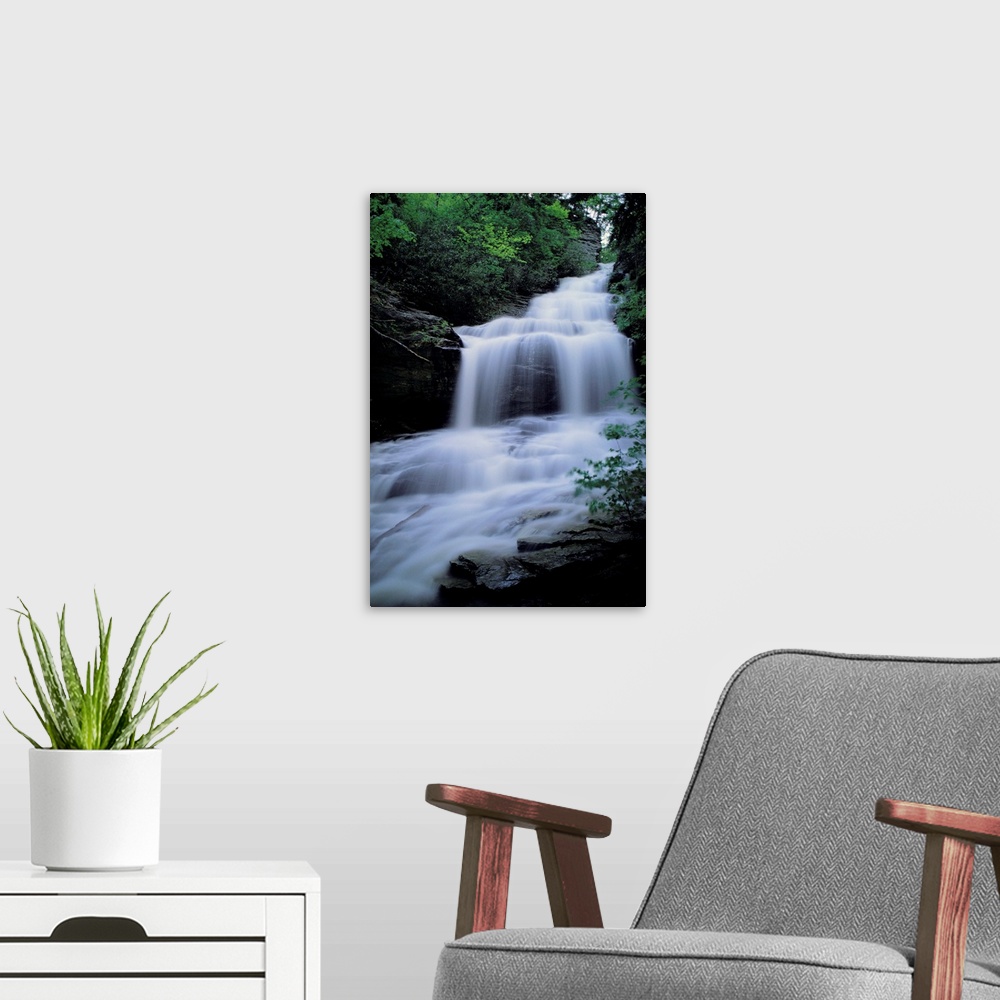 A modern room featuring Upper Cascades Falls flows down a mountain in Hanging Rock State Park.