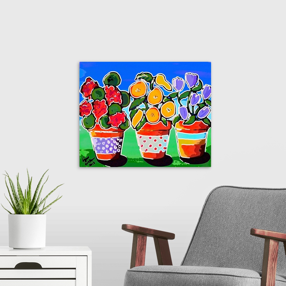 A modern room featuring Stylized version of folk art painting of 3 colorful, whimsical pots of flowers.