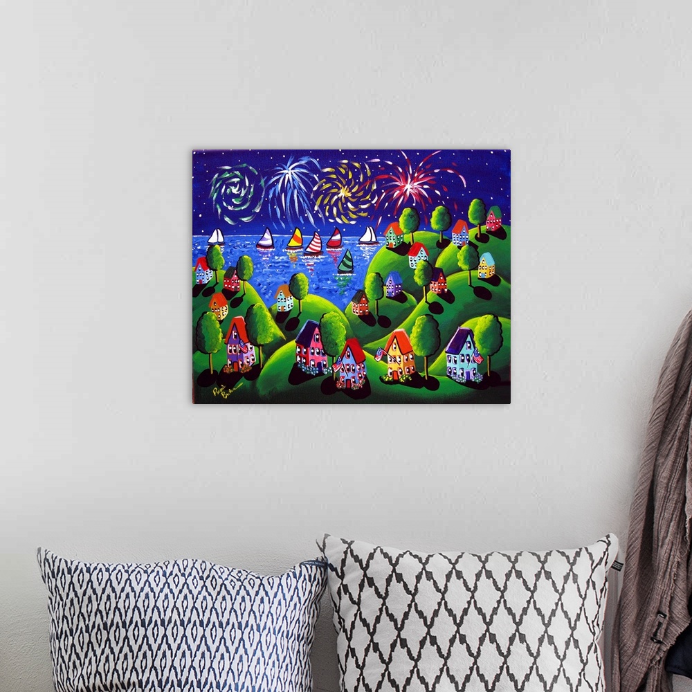 A bohemian room featuring Whimsical 4th of July scene with colorful fireworks.