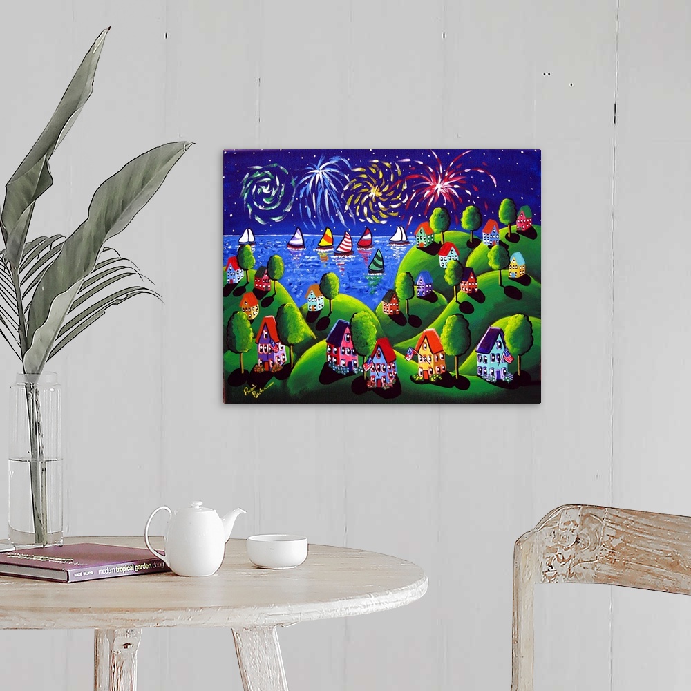 A farmhouse room featuring Whimsical 4th of July scene with colorful fireworks.