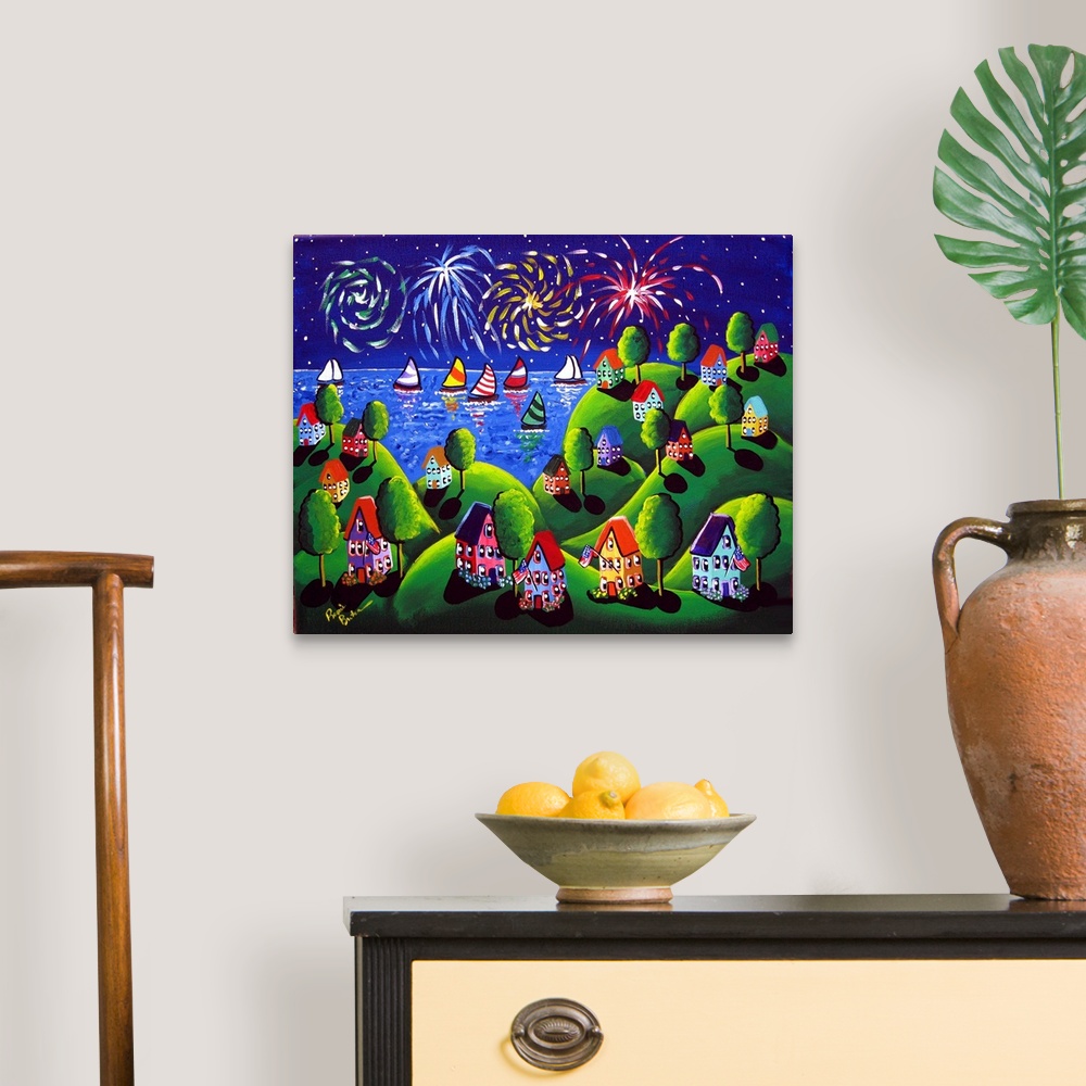A traditional room featuring Whimsical 4th of July scene with colorful fireworks.